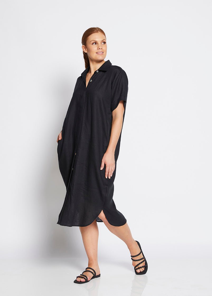 knee length dresses for ladies Beyah Havana luxe linen shirtdress in black – Philosophy Australia