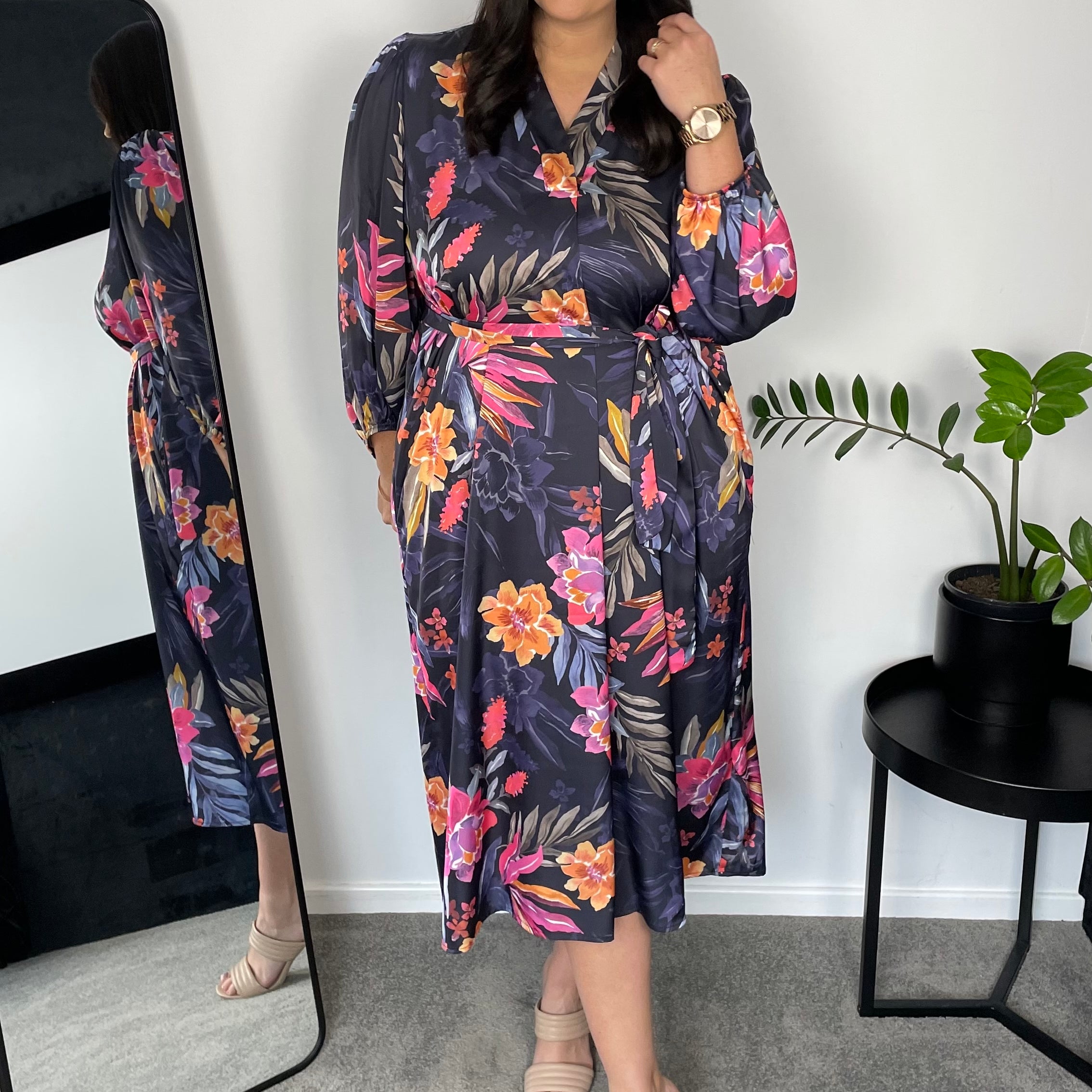 Cedar satin billow dress in Haven print