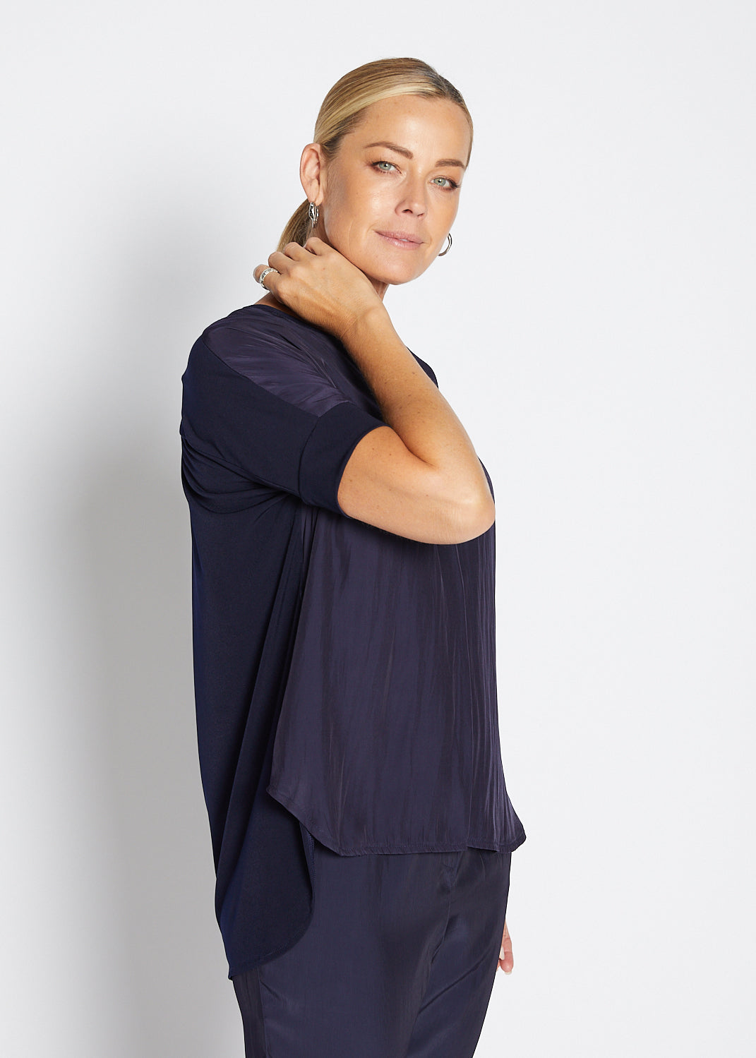 Philosophy Australia Angie Foundation slinky jersey V neck tee top in navy, made in Australia