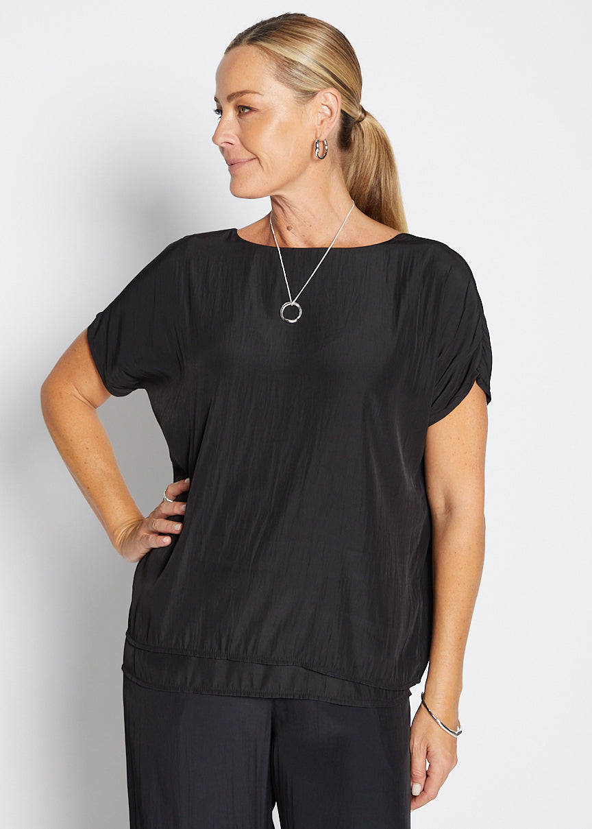 Philosophy Australia Dolly Lustre reversible layered top in black, made in Australia