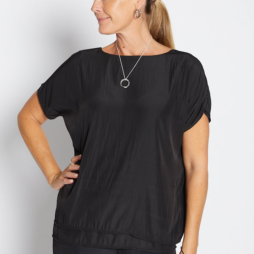 Philosophy Australia Dolly Lustre reversible layered top in black, made in Australia