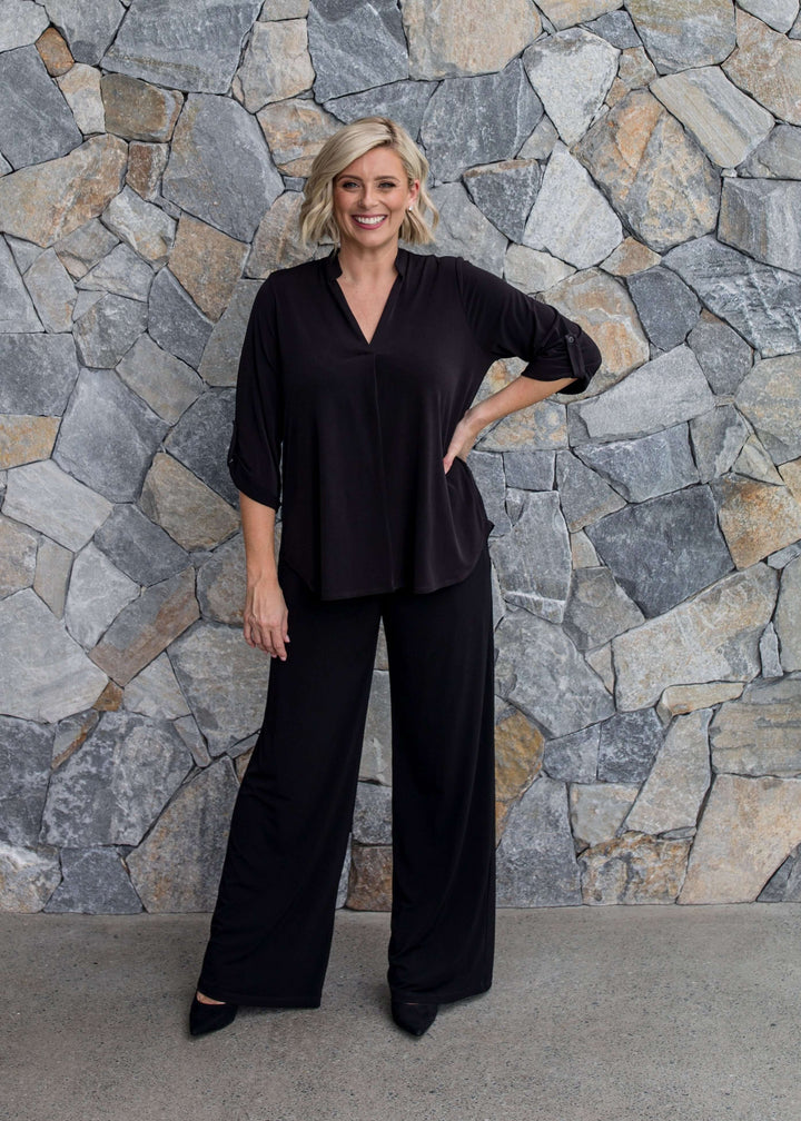 Paltrow Jersey Women's full length wide leg pants in Black.