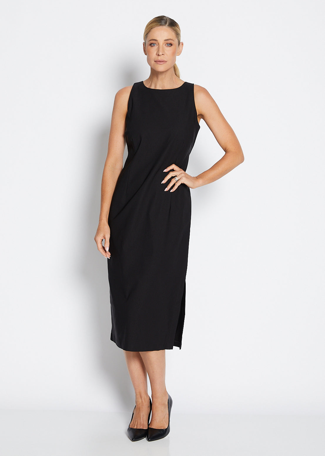 Philosophy Australia Tiffany super stretch Bengaline midi sheath dress in black, made in Australia