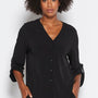 Uber Foundation Jersey Women's Button-down Blouse with a v-neckline in black.