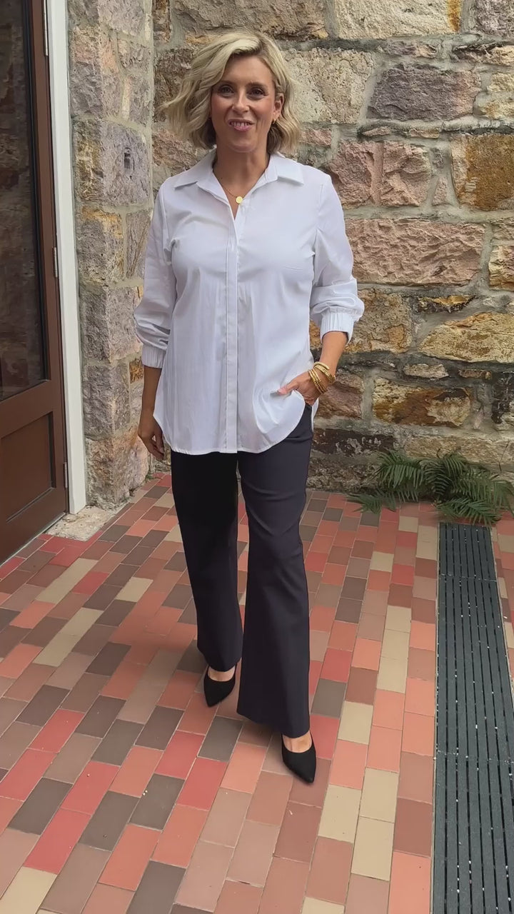 Wow Miracle Bengaline Women's full length wide leg pants in Ink Navy.