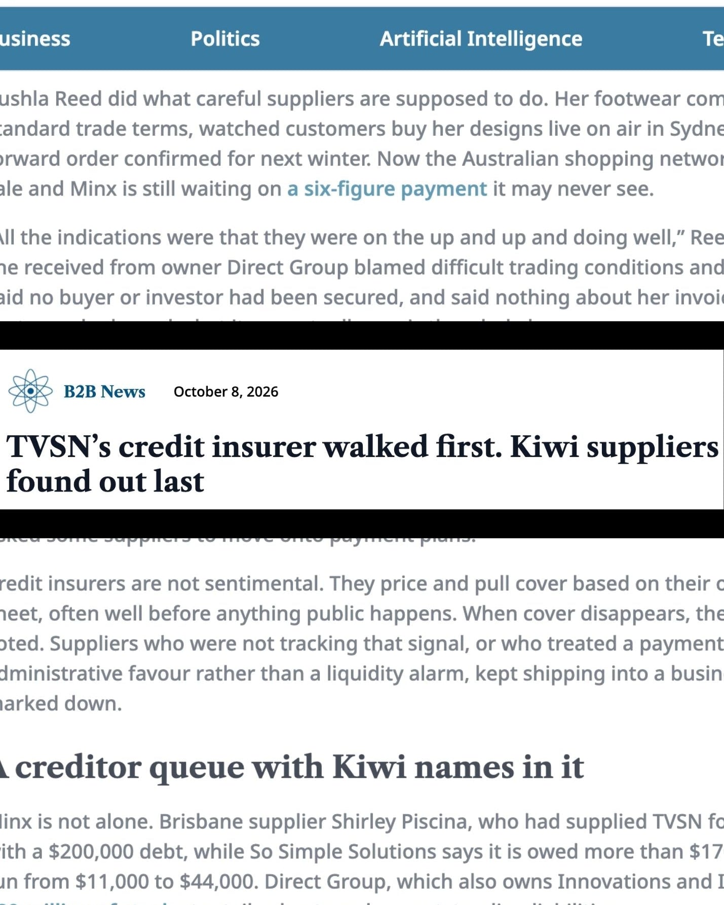 B2B News NZ 8 October - TVSN closure leaves Kiwi brand Minx owed six figures