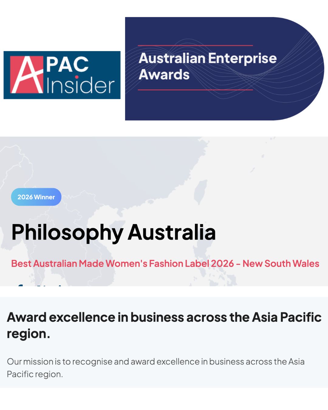 APAC Insider Australian Enterprise Awards - 2026 Winner Best Australian Made Women's Fashion Label