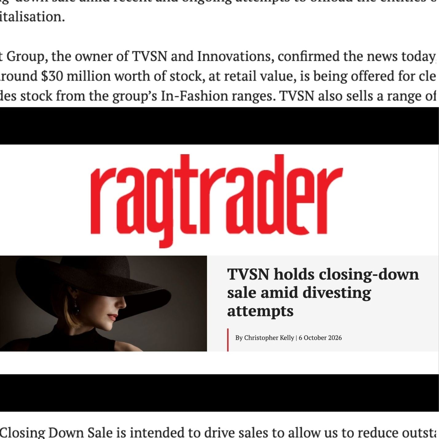 Ragtrader article - TVSN holds closing down sale amid divesting attempts