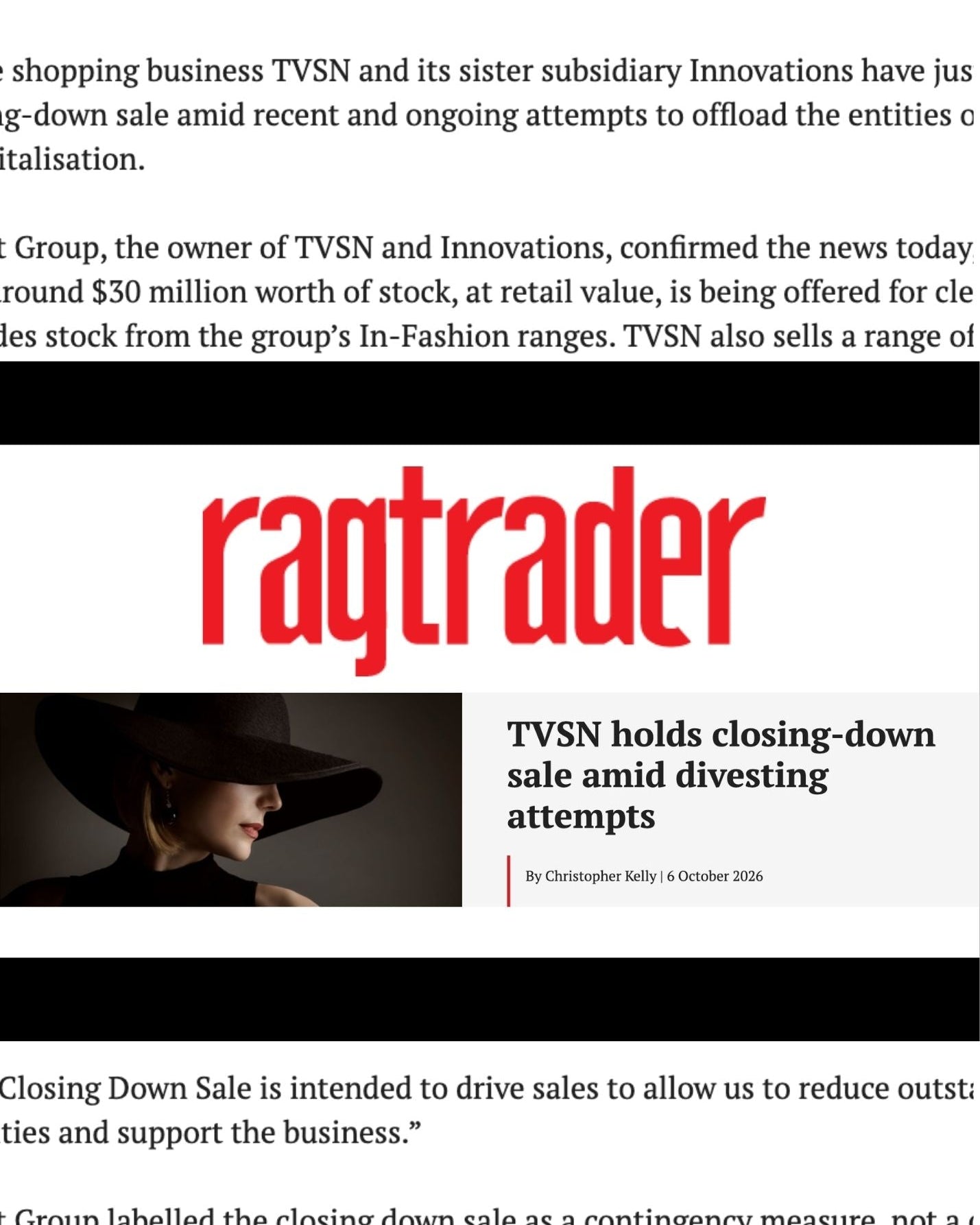 Ragtrader article - TVSN holds closing down sale amid divesting attempts