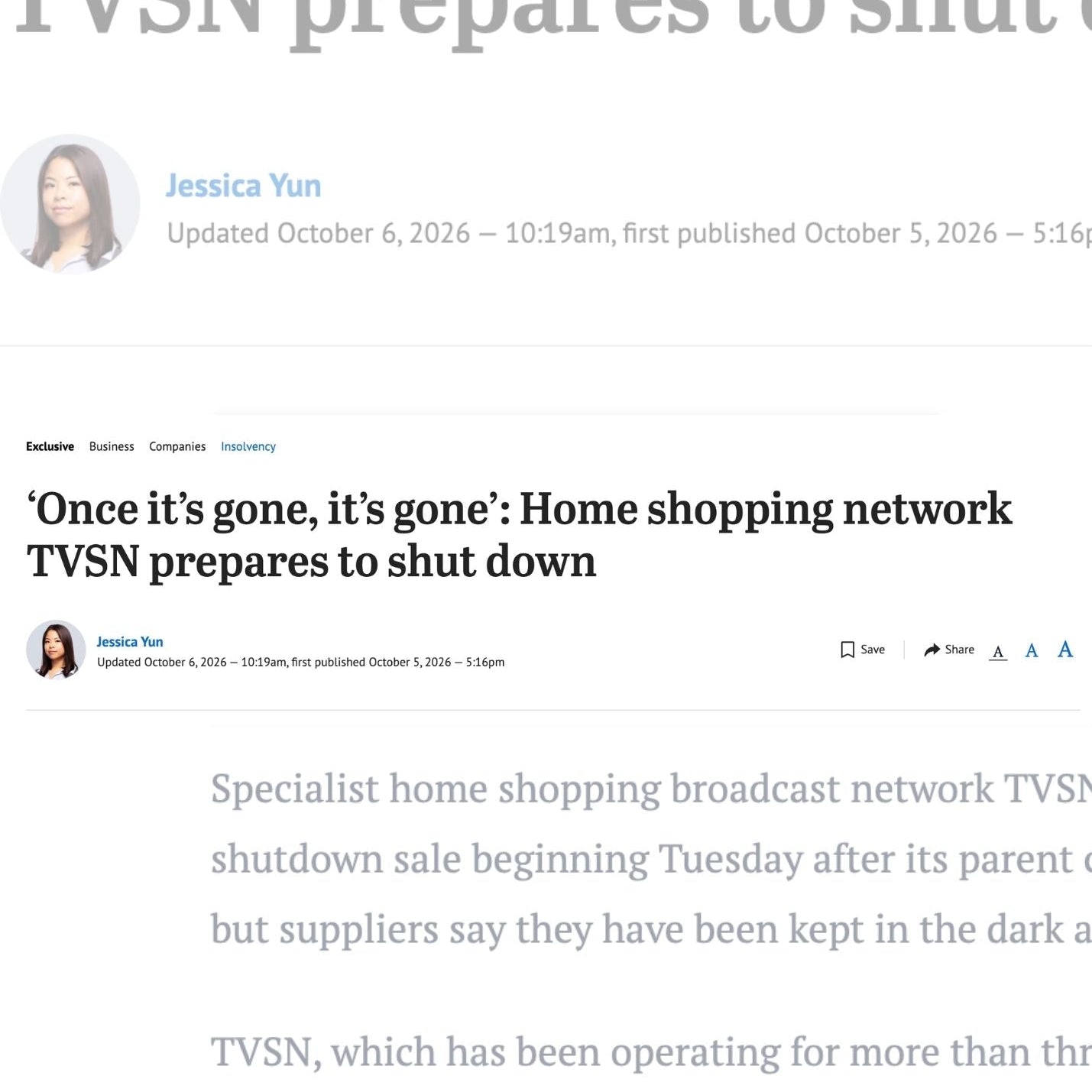 Sydney Morning Herald 6 October 2026 - Home Shopping Network TVSN prepares to shut down