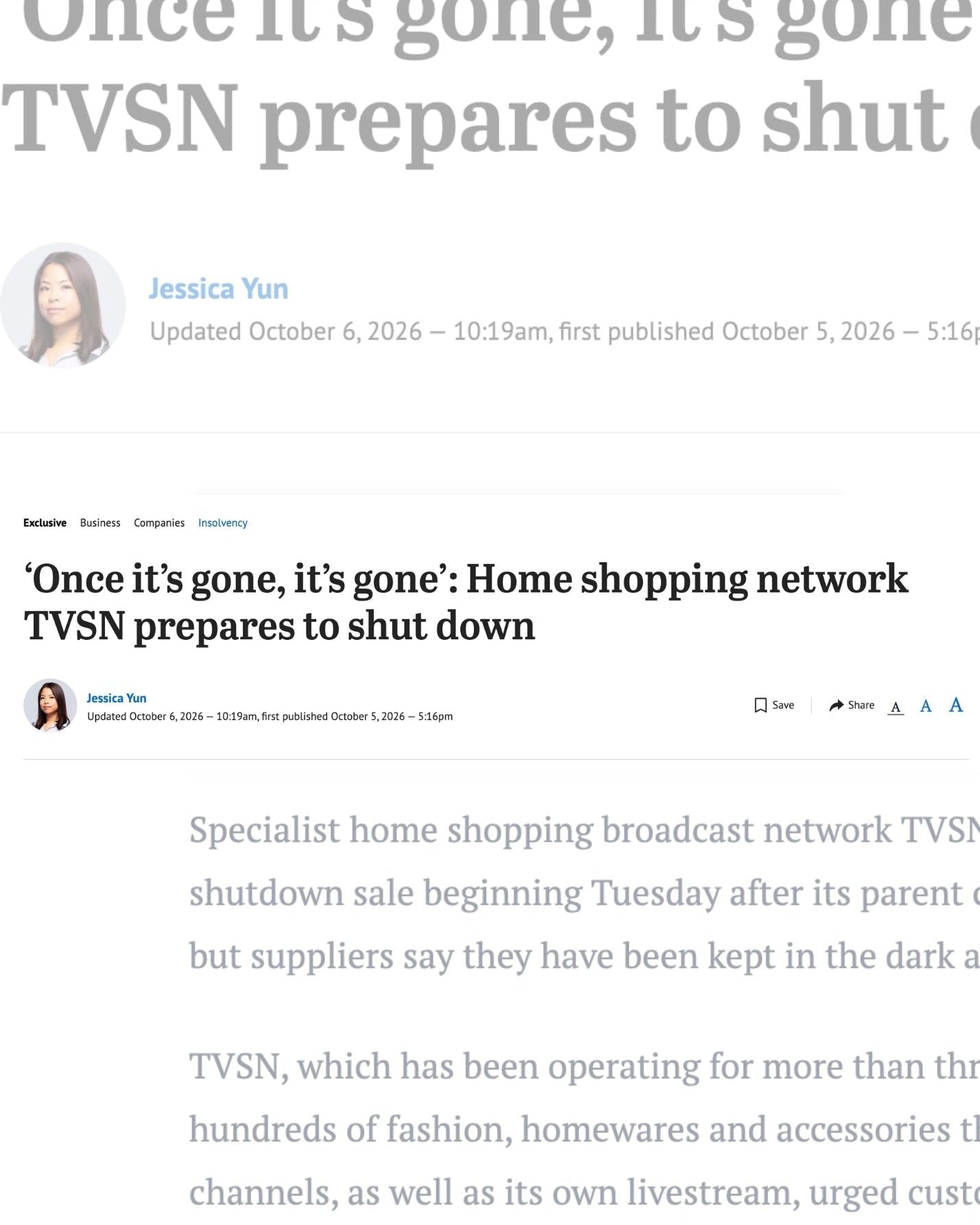 Sydney Morning Herald 6 October 2026 - Home Shopping Network TVSN prepares to shut down