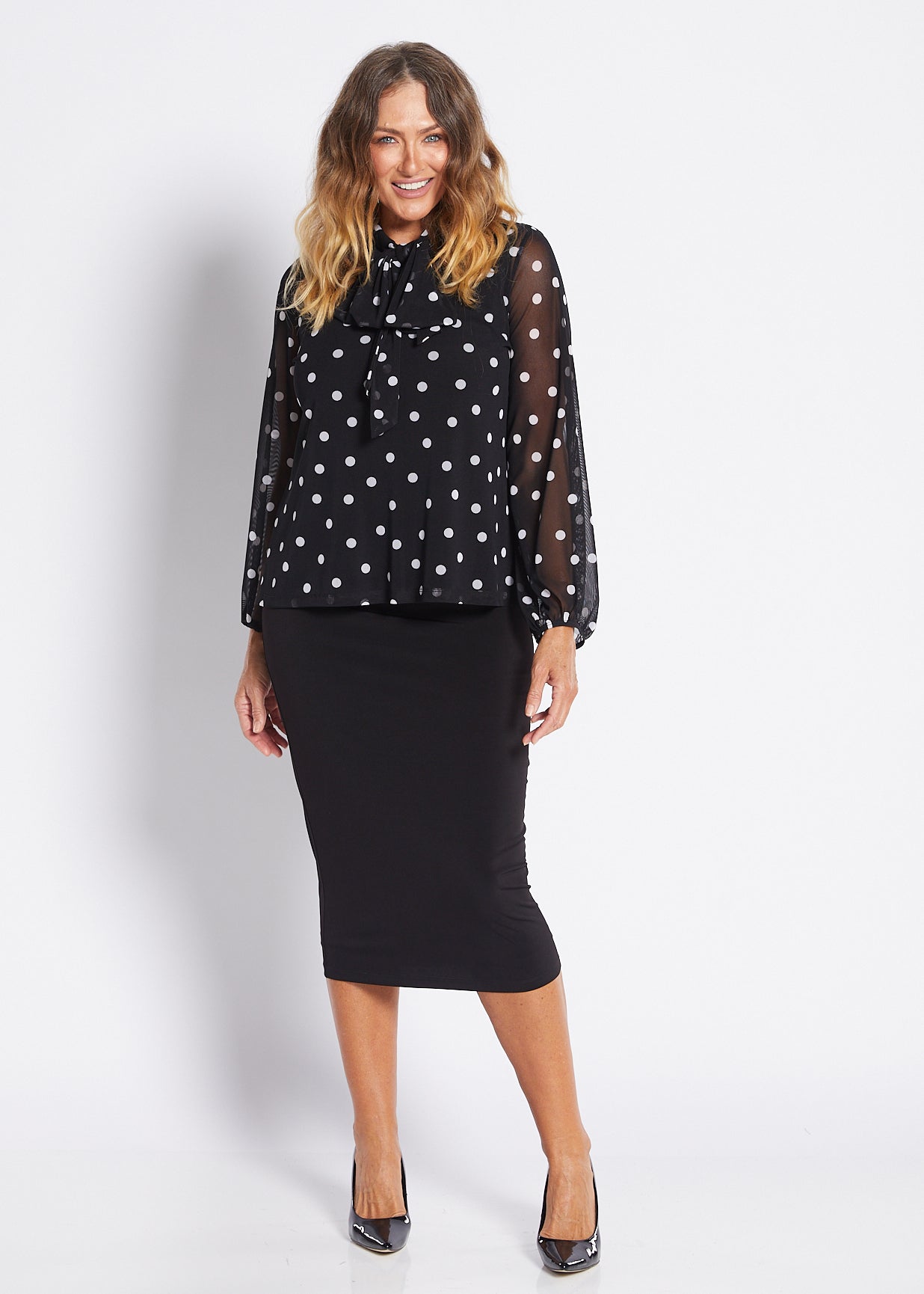 Mesh Jersey Tie Neck Top in Polkadot