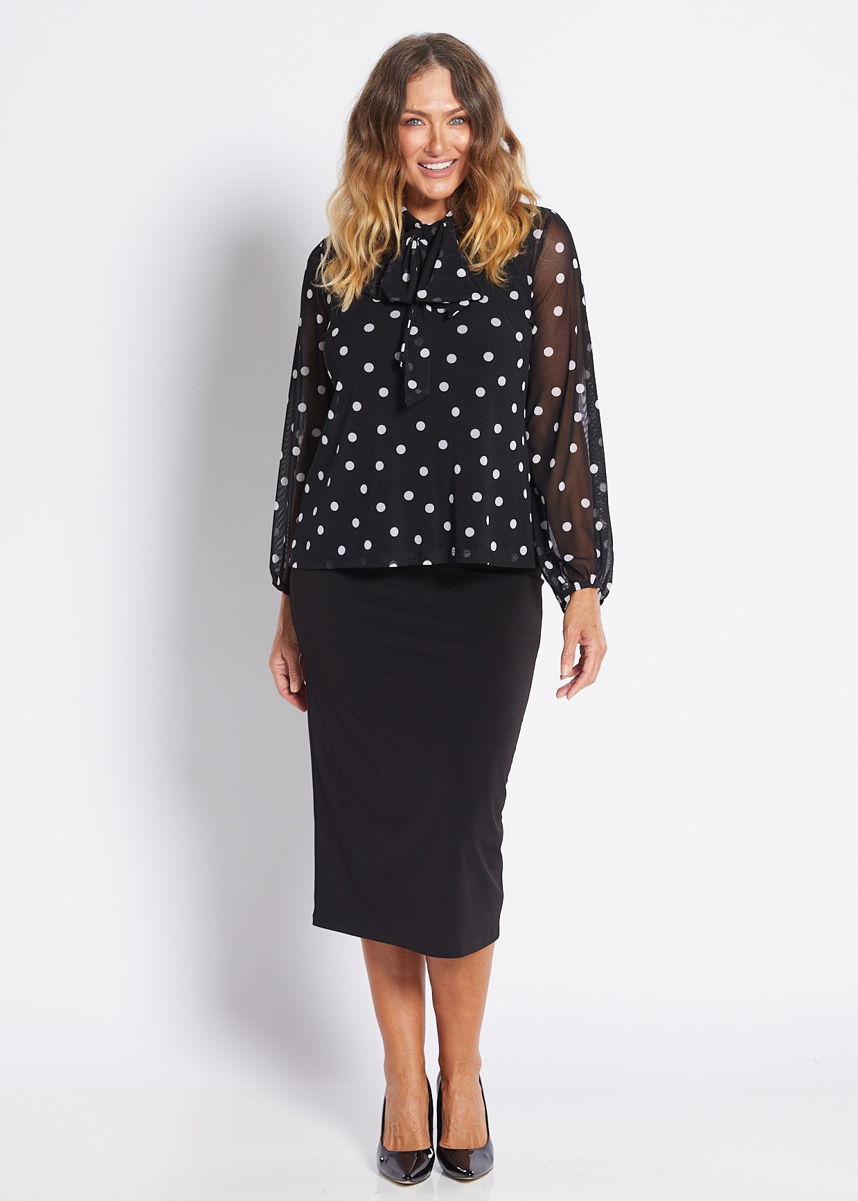Mesh Jersey Tie Neck Top in Polkadot