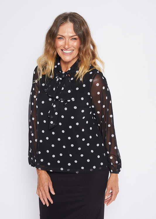 Polkadot Mesh Jersey Tie Neck Top