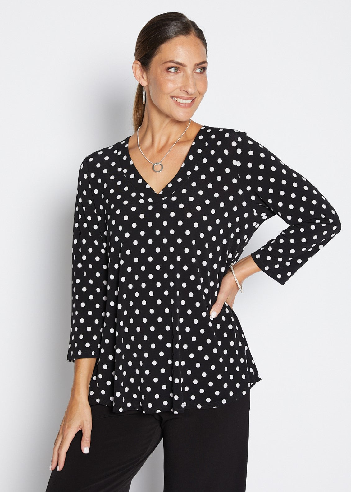 Issy printed slinky jersey relaxed V top in Aria