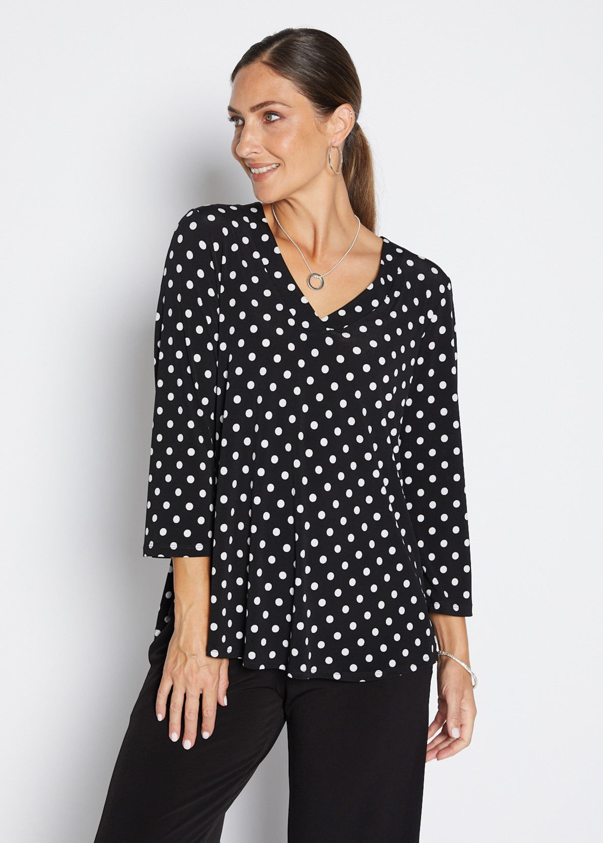 Issy printed slinky jersey relaxed V top in Aria