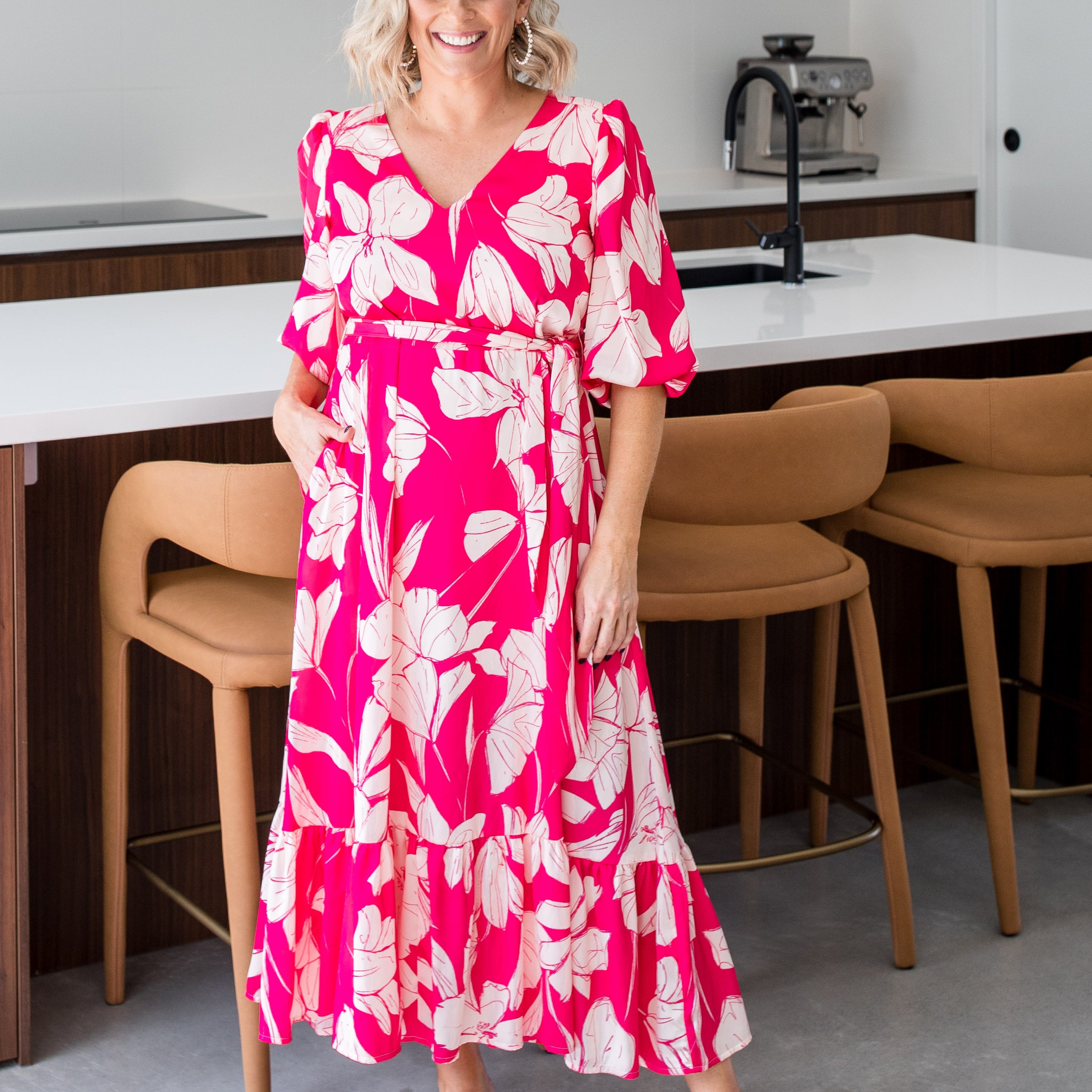Amelia billow tiered satin dress in Pink print