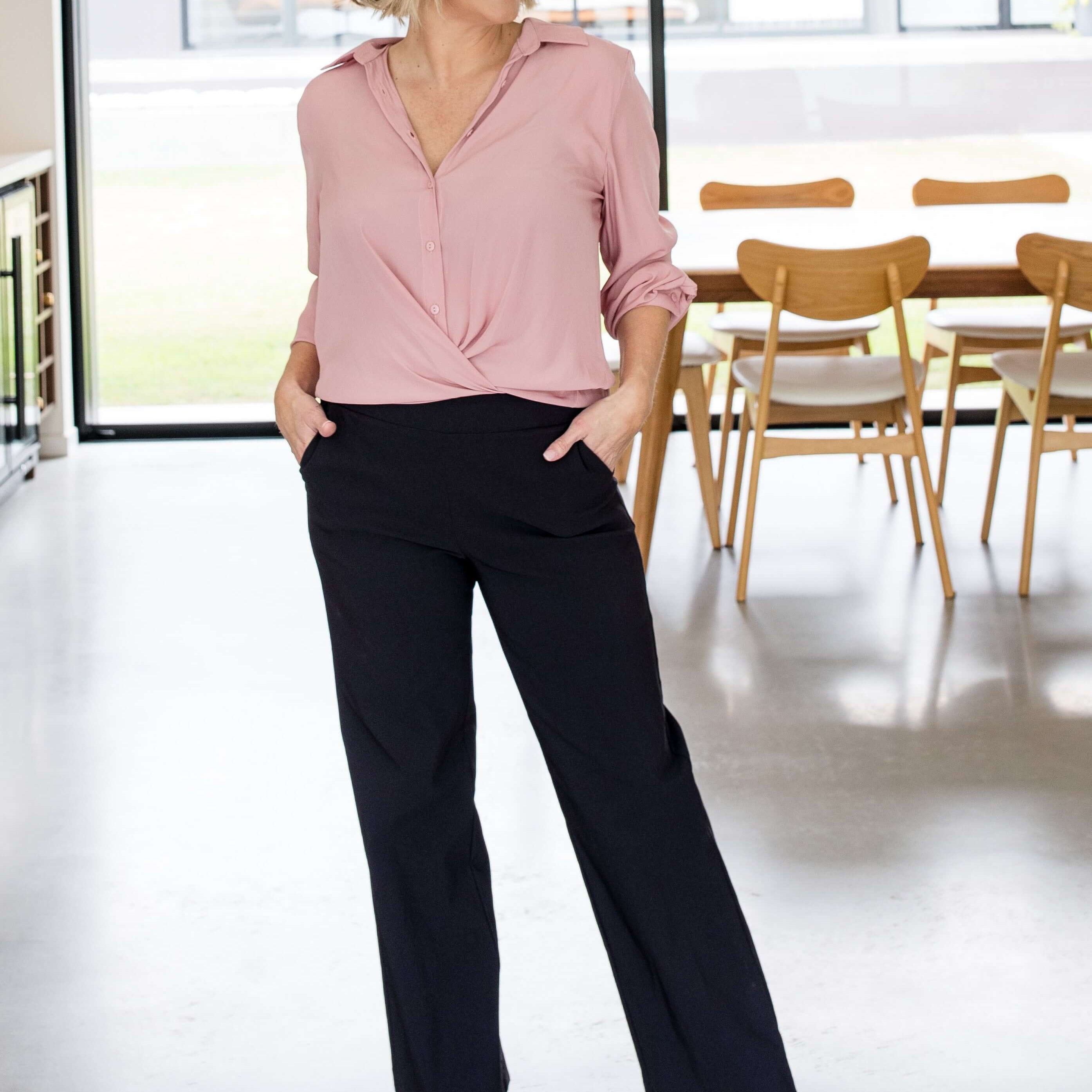 Arrow Miracle Bengaline Women's full length wide leg pants in black.