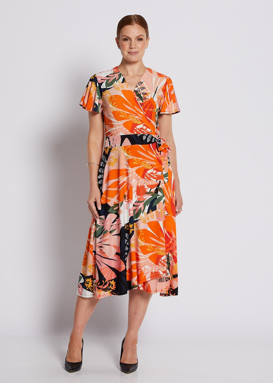 Jersey Wrap Dress with Pockets in Coral and Black Floral Print