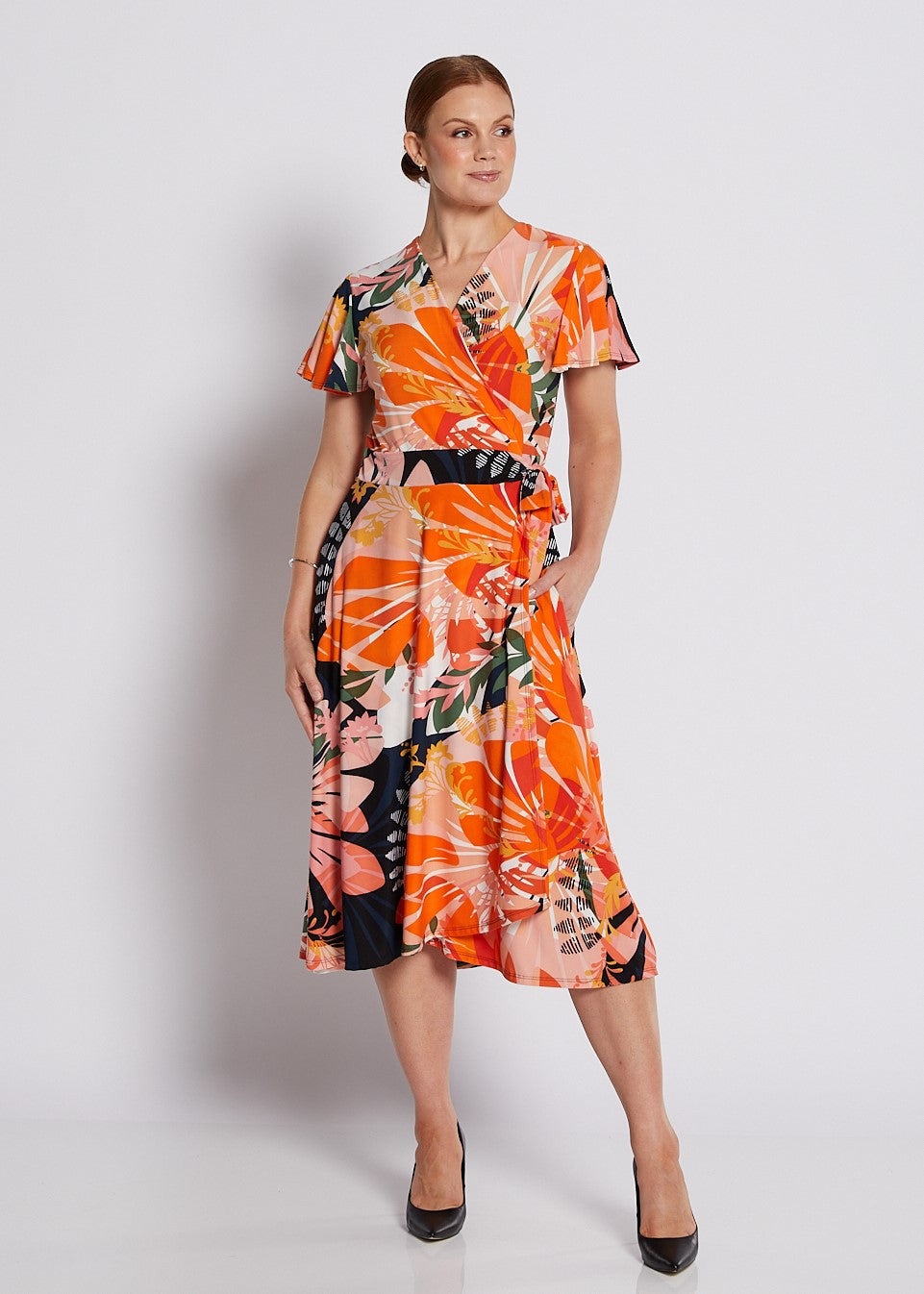 Jersey Wrap Dress with Pockets in Coral and Black Floral Print