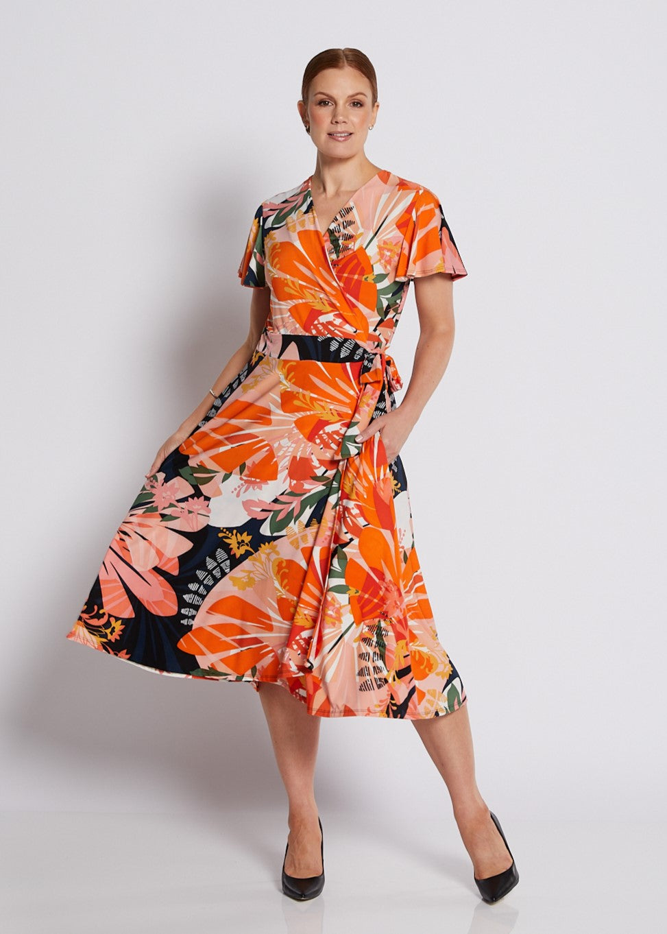 Jersey Wrap Dress with Pockets in Coral and Black Floral Print