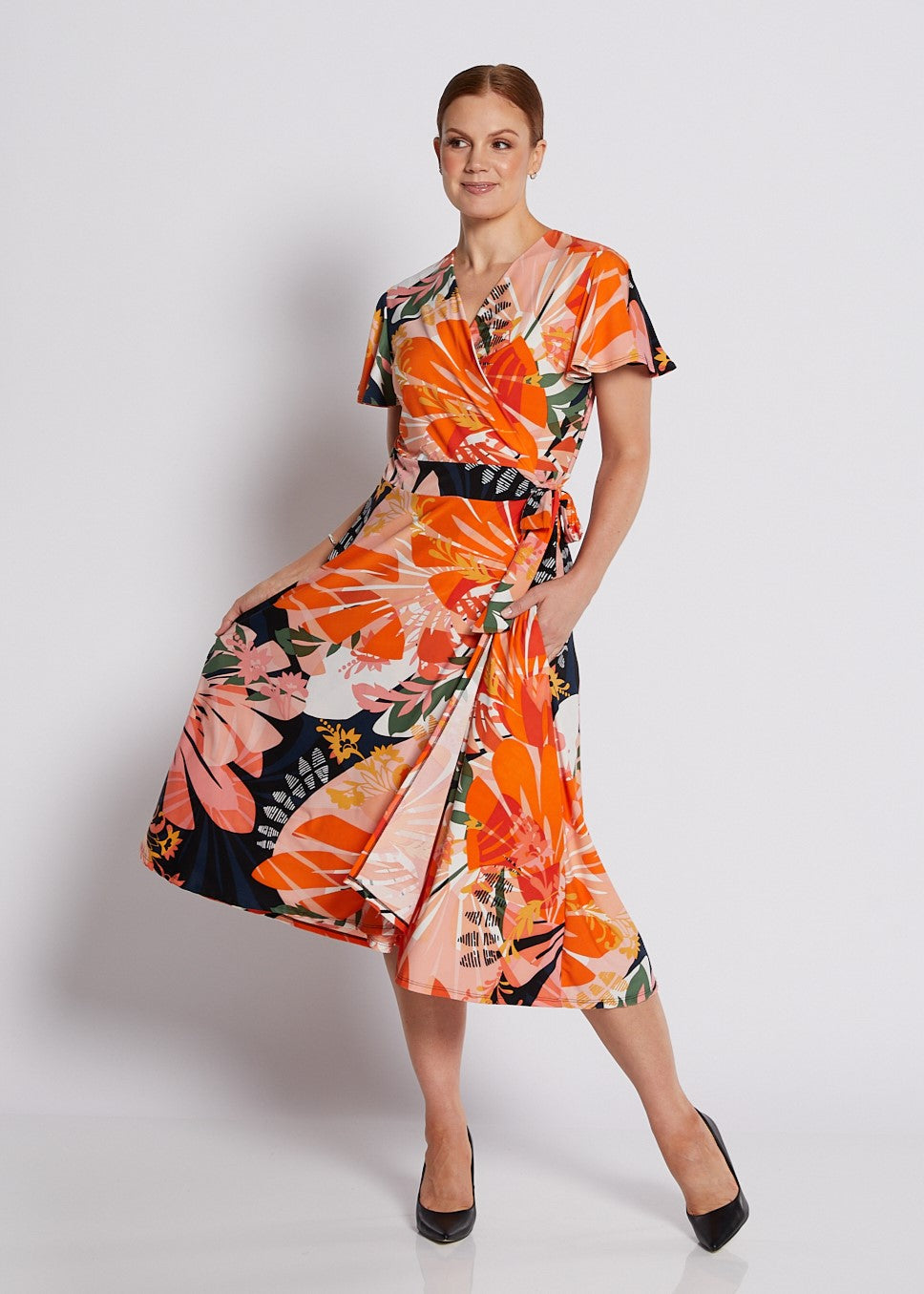 Jersey Wrap Dress with Pockets in Coral and Black Floral Print