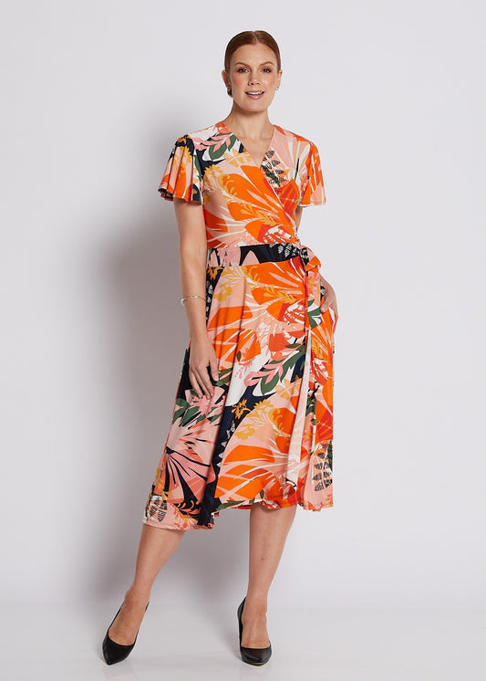 Jersey Wrap Dress with Pockets in Coral and Black Floral Print
