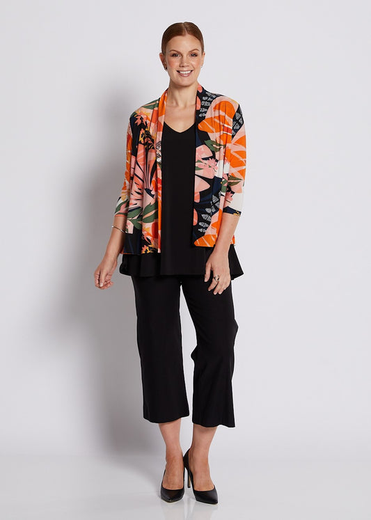 Jersey 3/4 Sleeve Swing Jacket in Coral and Black Floral Print