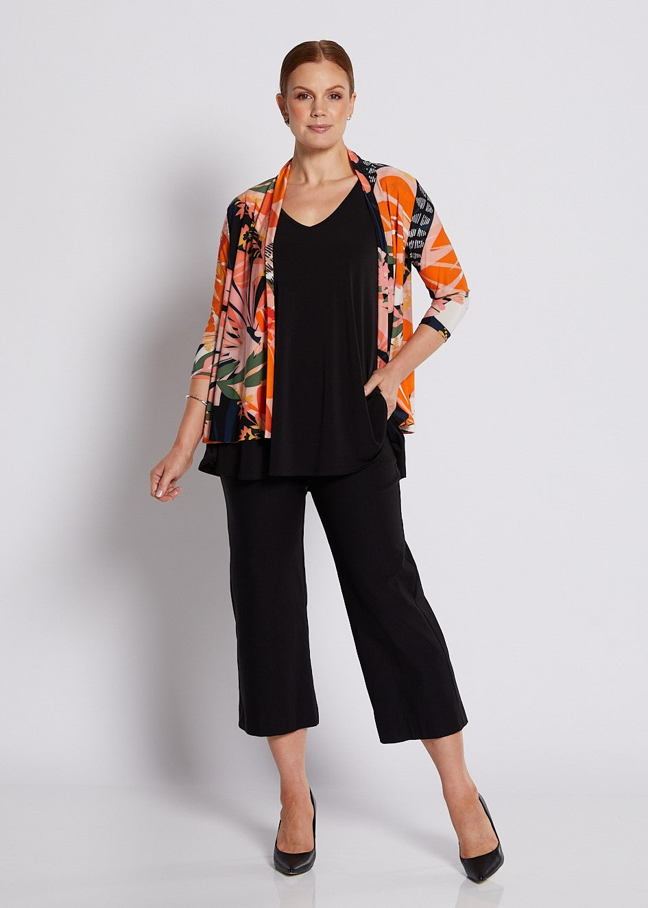Jersey 3/4 Sleeve Swing Jacket in Coral and Black Floral Print