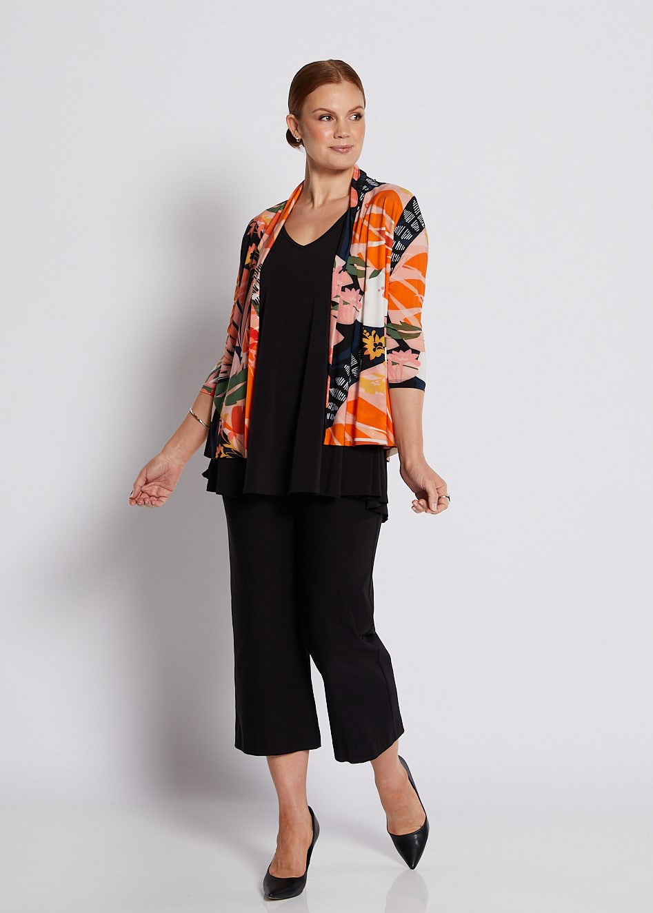 Jersey 3/4 Sleeve Swing Jacket in Coral and Black Floral Print