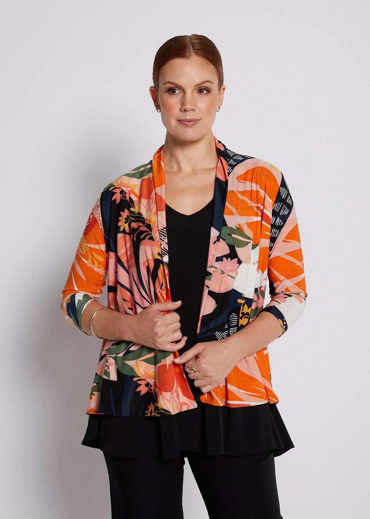 Jersey 3/4 Sleeve Swing Jacket in Coral and Black Floral Print