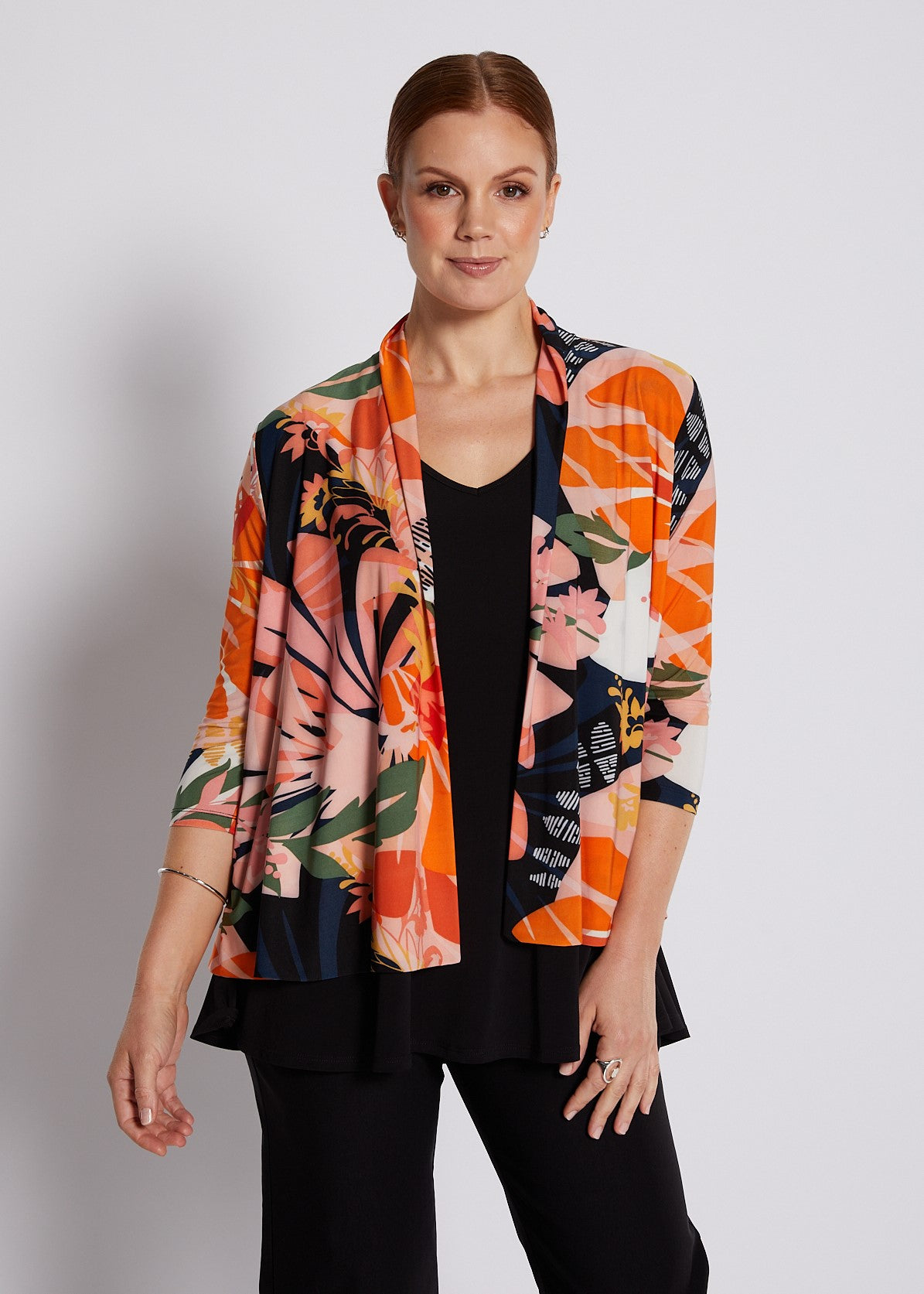 Jersey 3/4 Sleeve Swing Jacket in Coral and Black Floral Print