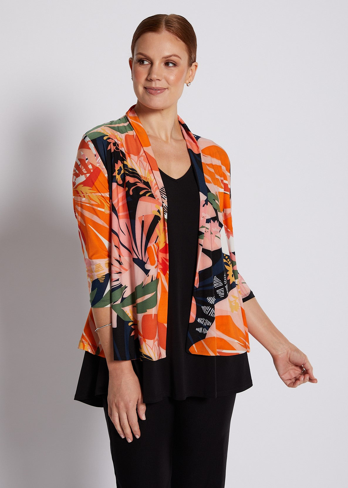 Jersey 3/4 Sleeve Swing Jacket in Coral and Black Floral Print
