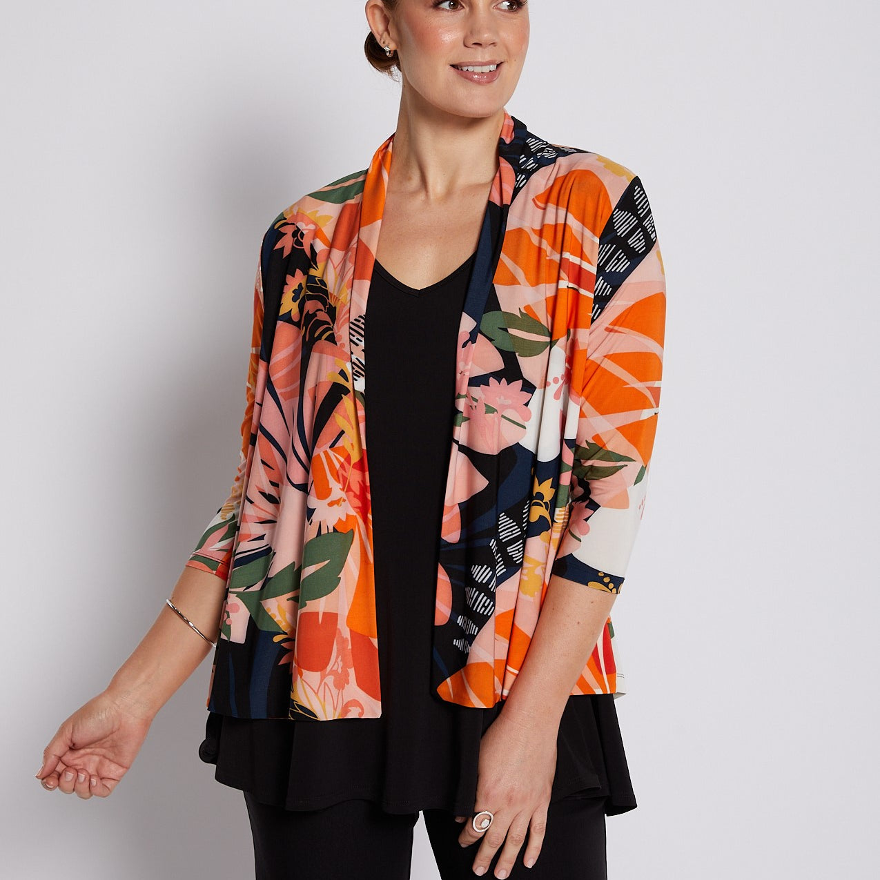Jersey 3/4 Sleeve Swing Jacket in Coral and Black Floral Print