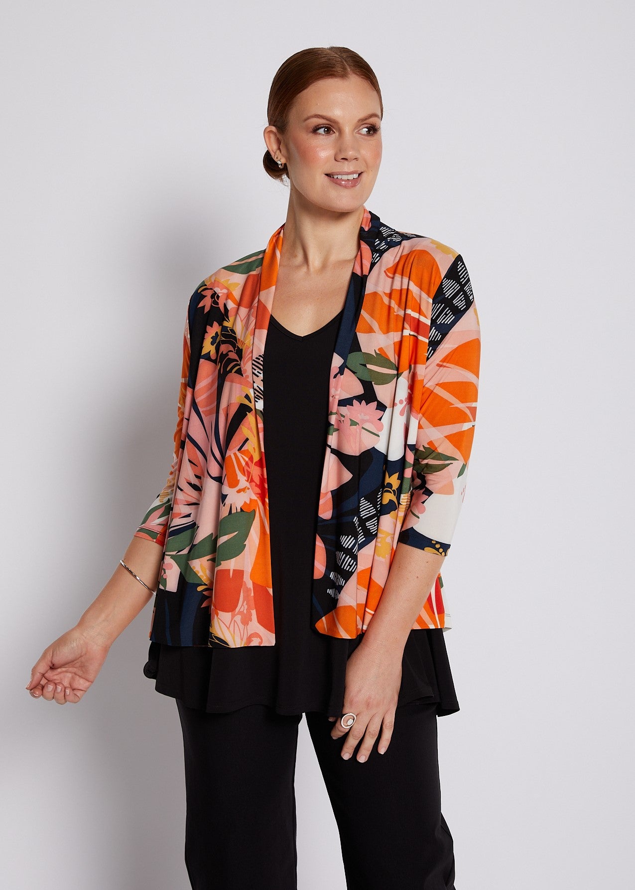 Jersey 3/4 Sleeve Swing Jacket in Coral and Black Floral Print