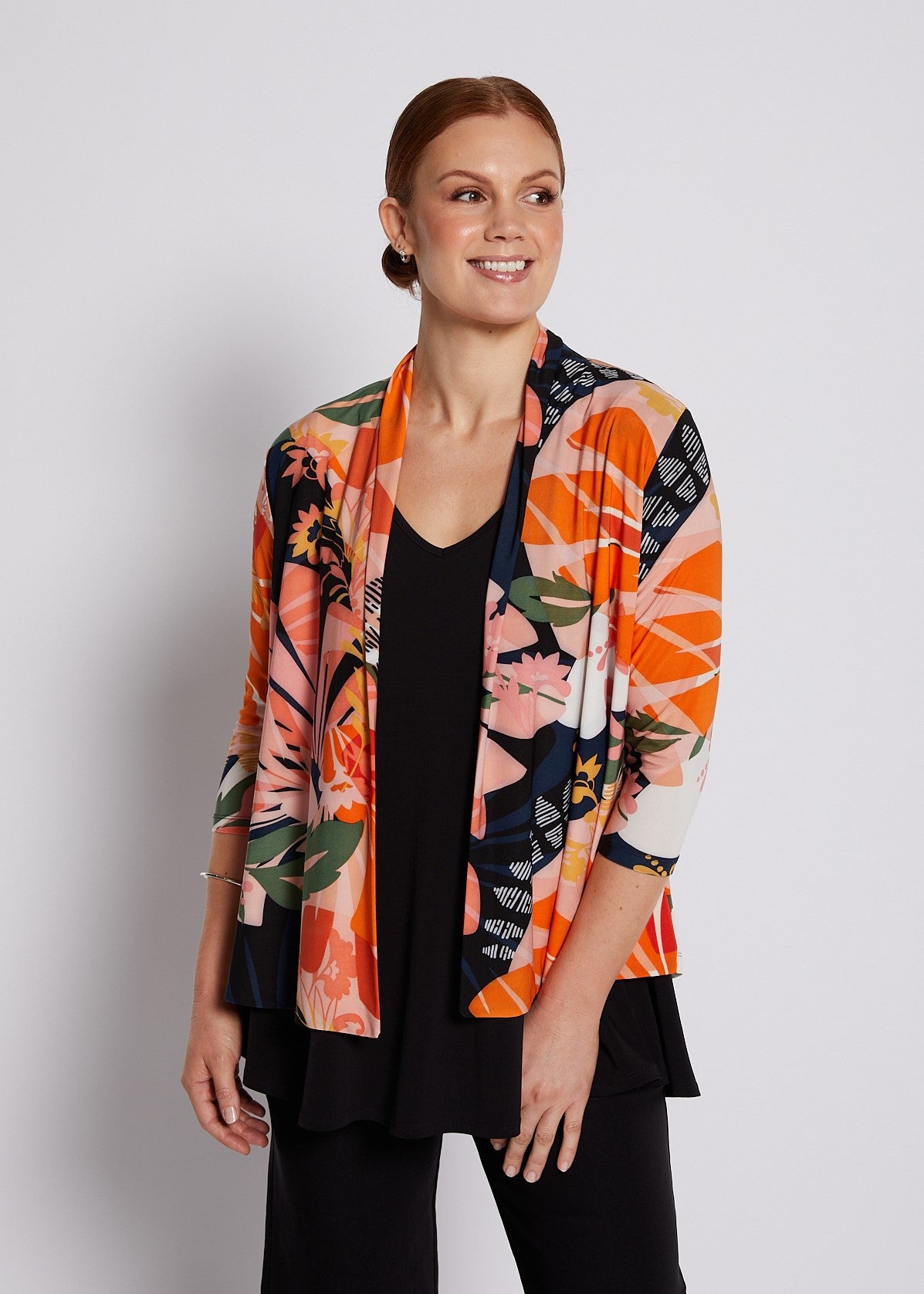 Jersey 3/4 Sleeve Swing Jacket in Coral and Black Floral Print