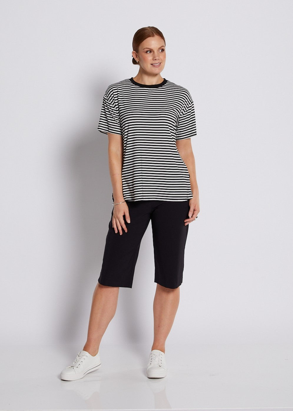Viscose Jersey Crew Tee in Black and White Stripes