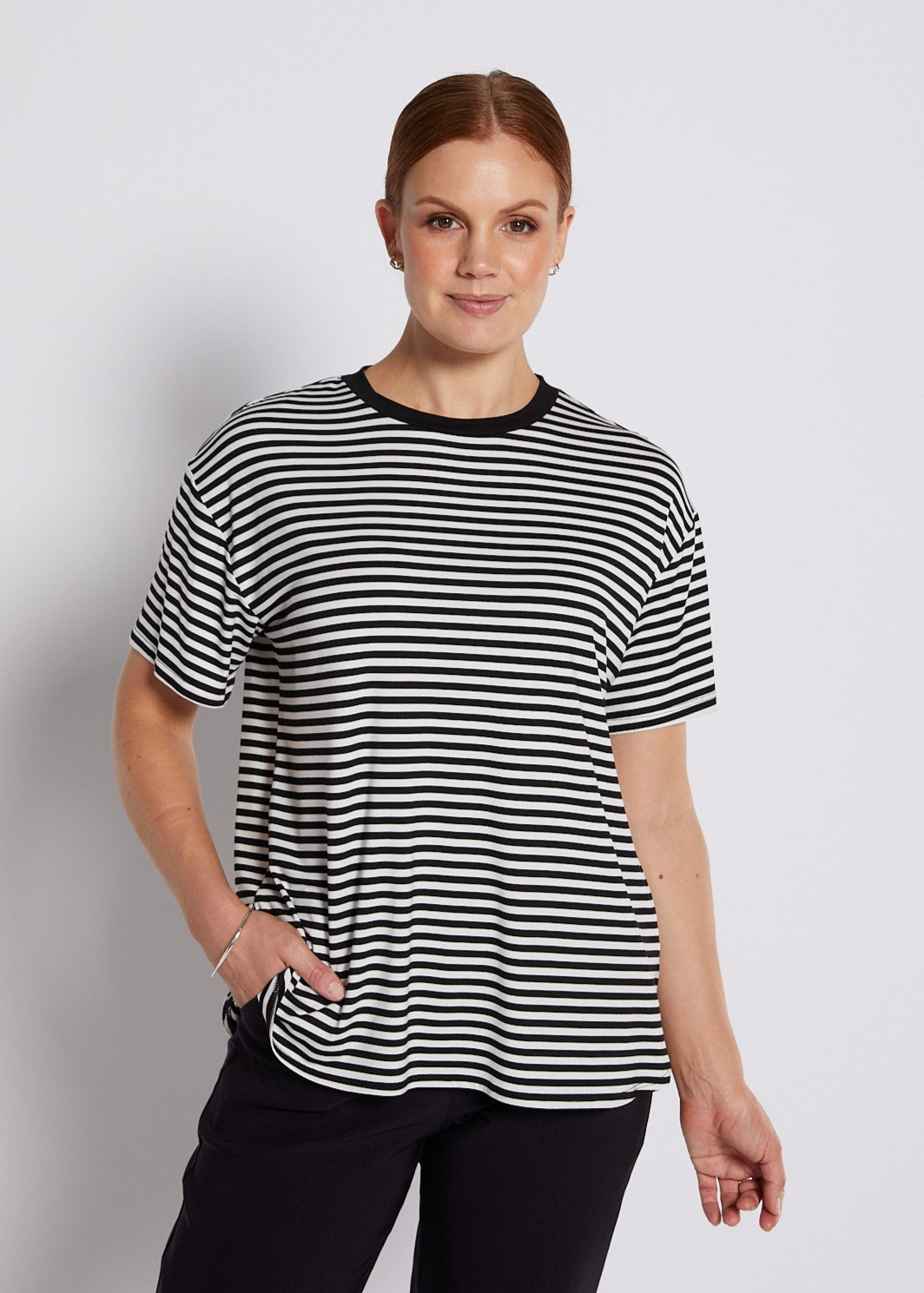 Viscose Jersey Crew Tee in Black and White Stripes