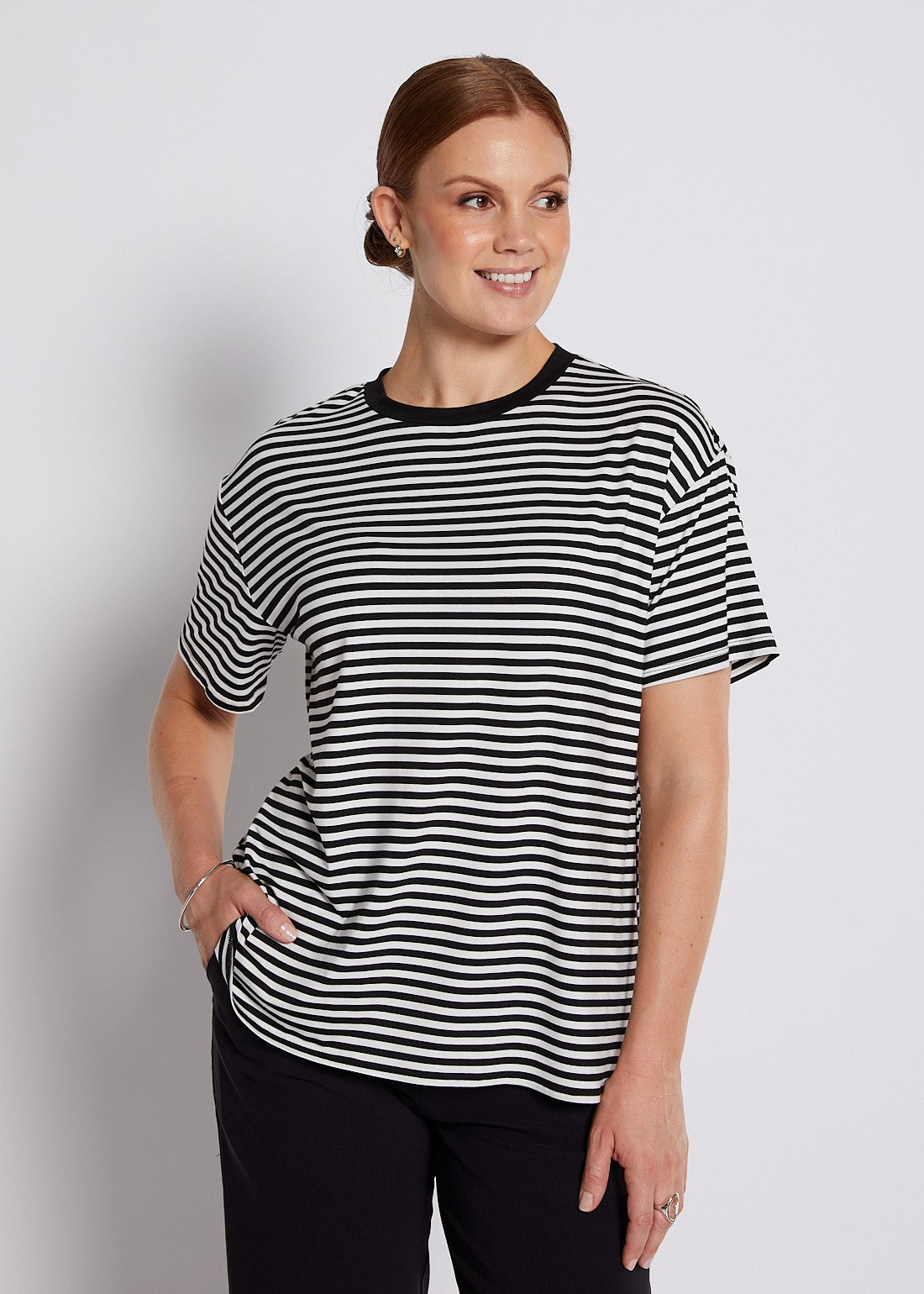 Viscose Jersey Crew Tee in Black and White Stripes