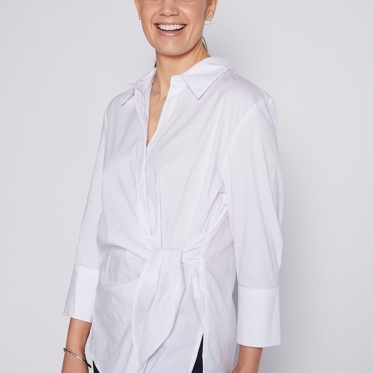 Cotton Wrap Tie Waist Shirt in White