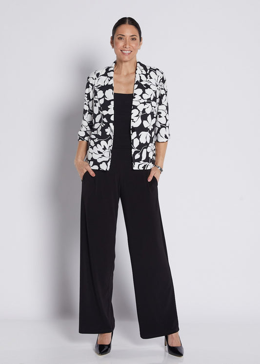 Crepe Printed Crop Jacket in Black and White Floral Print