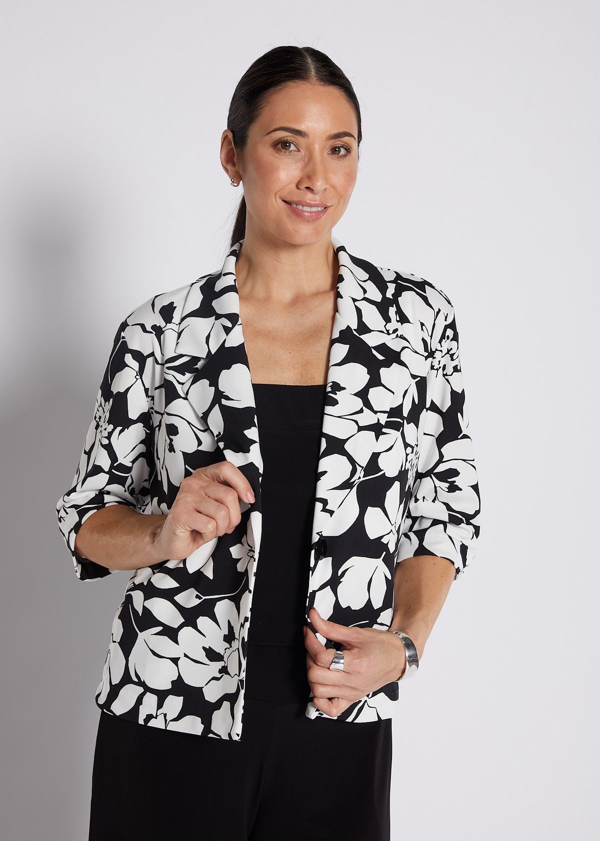 Crepe Printed Crop Jacket in Black and White Floral Print