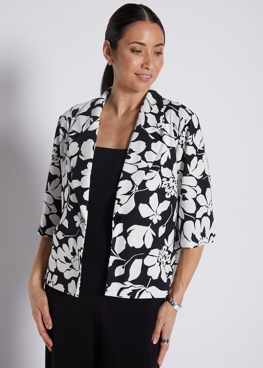 Crepe Printed Crop Jacket in Black and White Floral Print