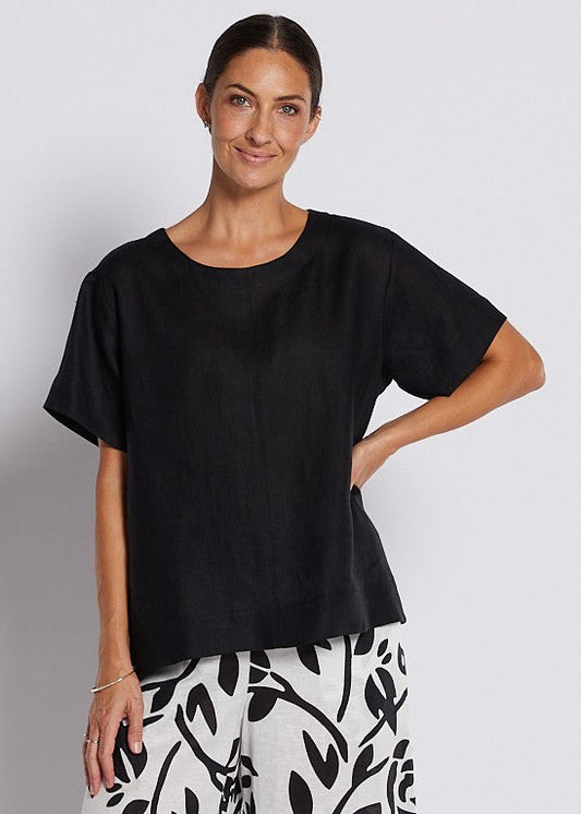 100% Luxe Linen Swing Tee Top in Black