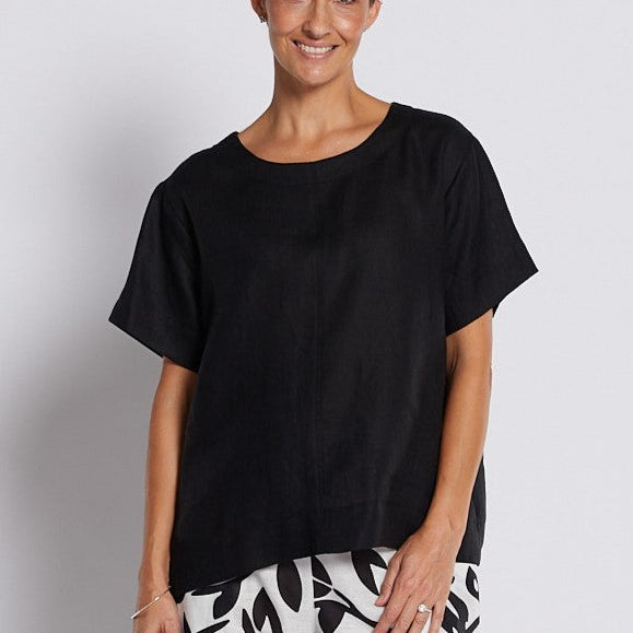 100% Luxe Linen Swing Tee Top in Black