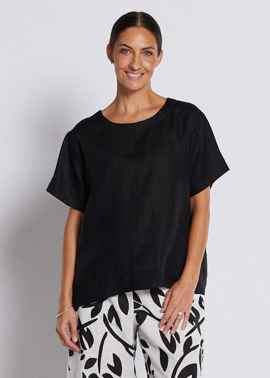 100% Luxe Linen Swing Tee Top in Black