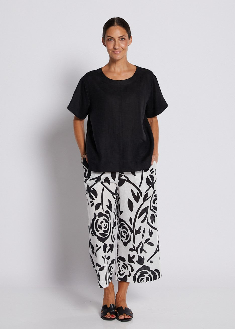 100% Luxe Linen Swing Tee Top in Black