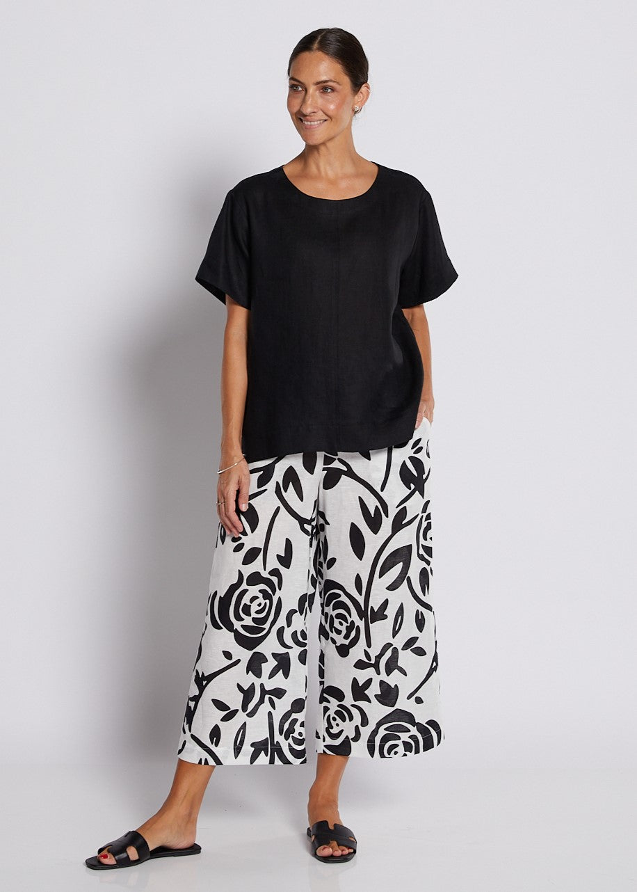 100% Luxe Linen Swing Tee Top in Black