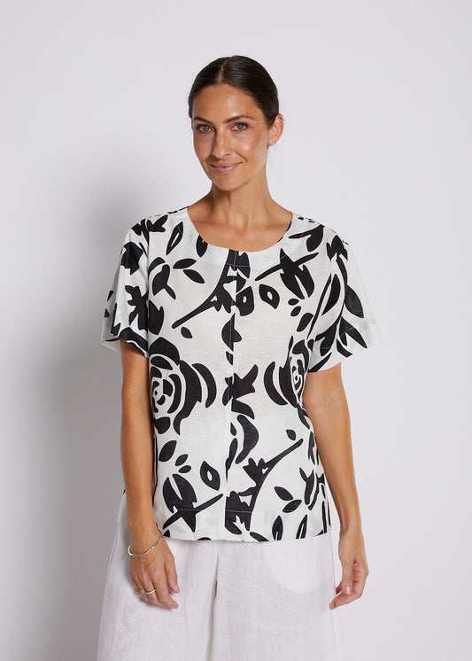 Linen Cotton Short Sleeve Swing Top in Black and White Floral