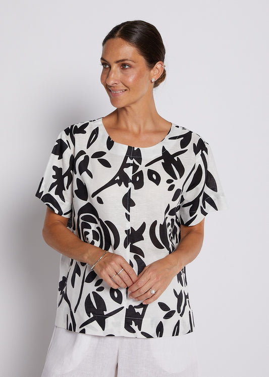 Linen Cotton Short Sleeve Swing Top in Black and White Floral